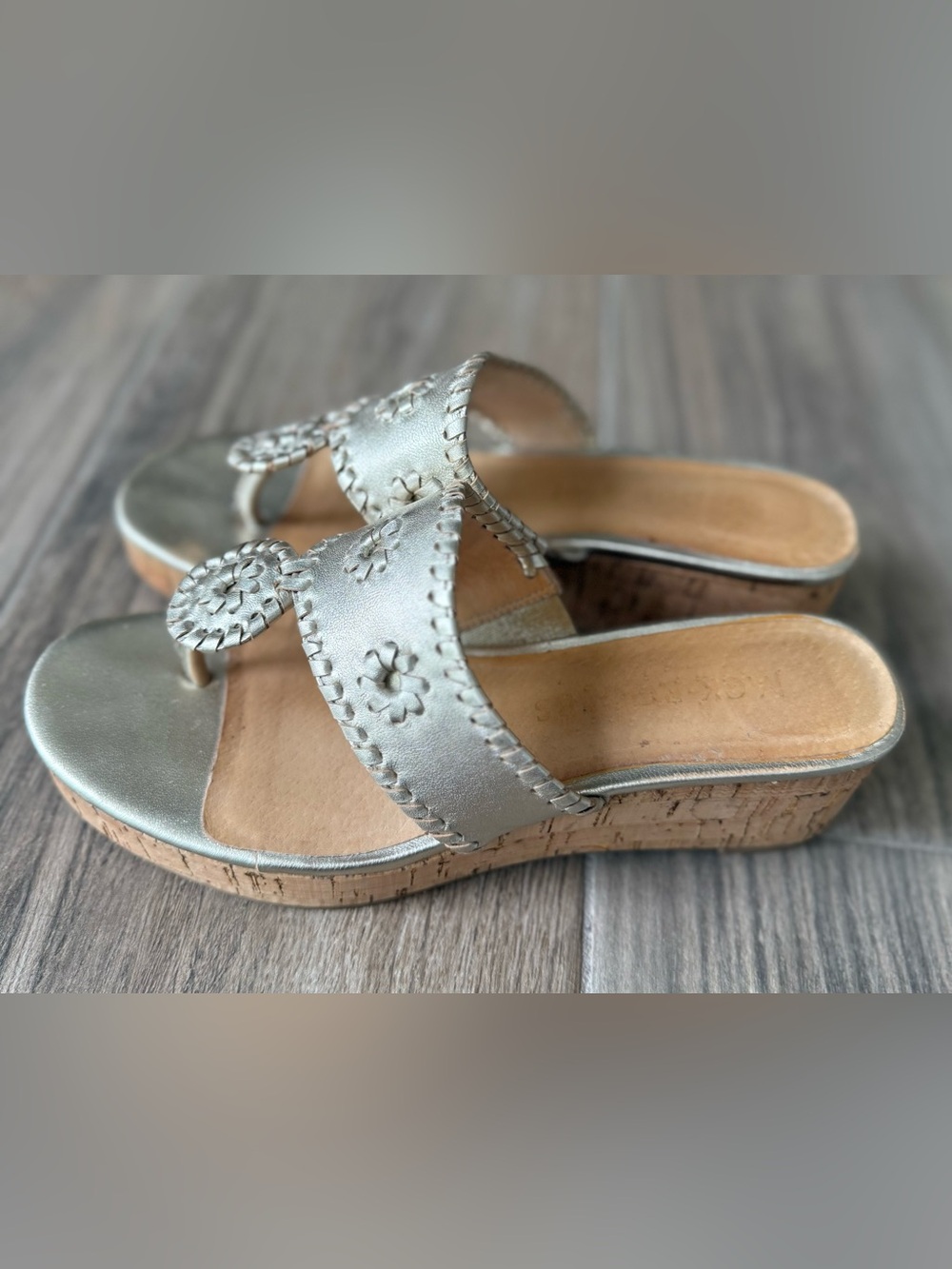 Jack Rogers Platinum Leather Wedge Slides
